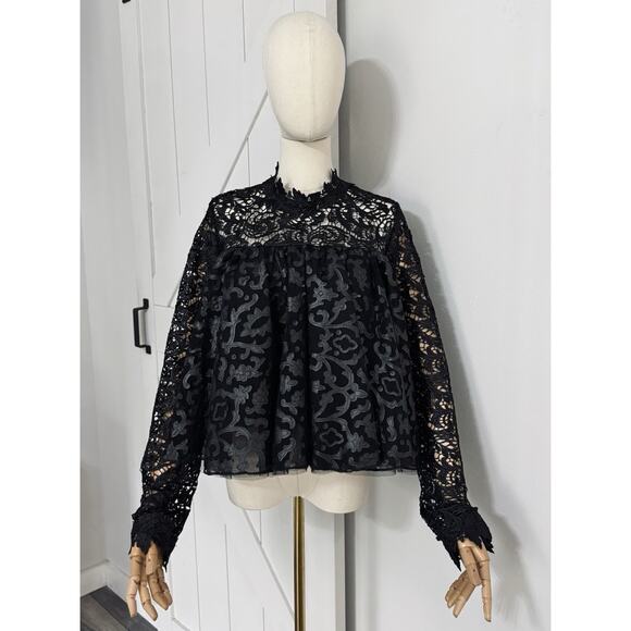 NWT Why Dress Women’s Size L Black Lace Faux Leather Embroidered Tutu Top Blouse - Picture 1 of 9